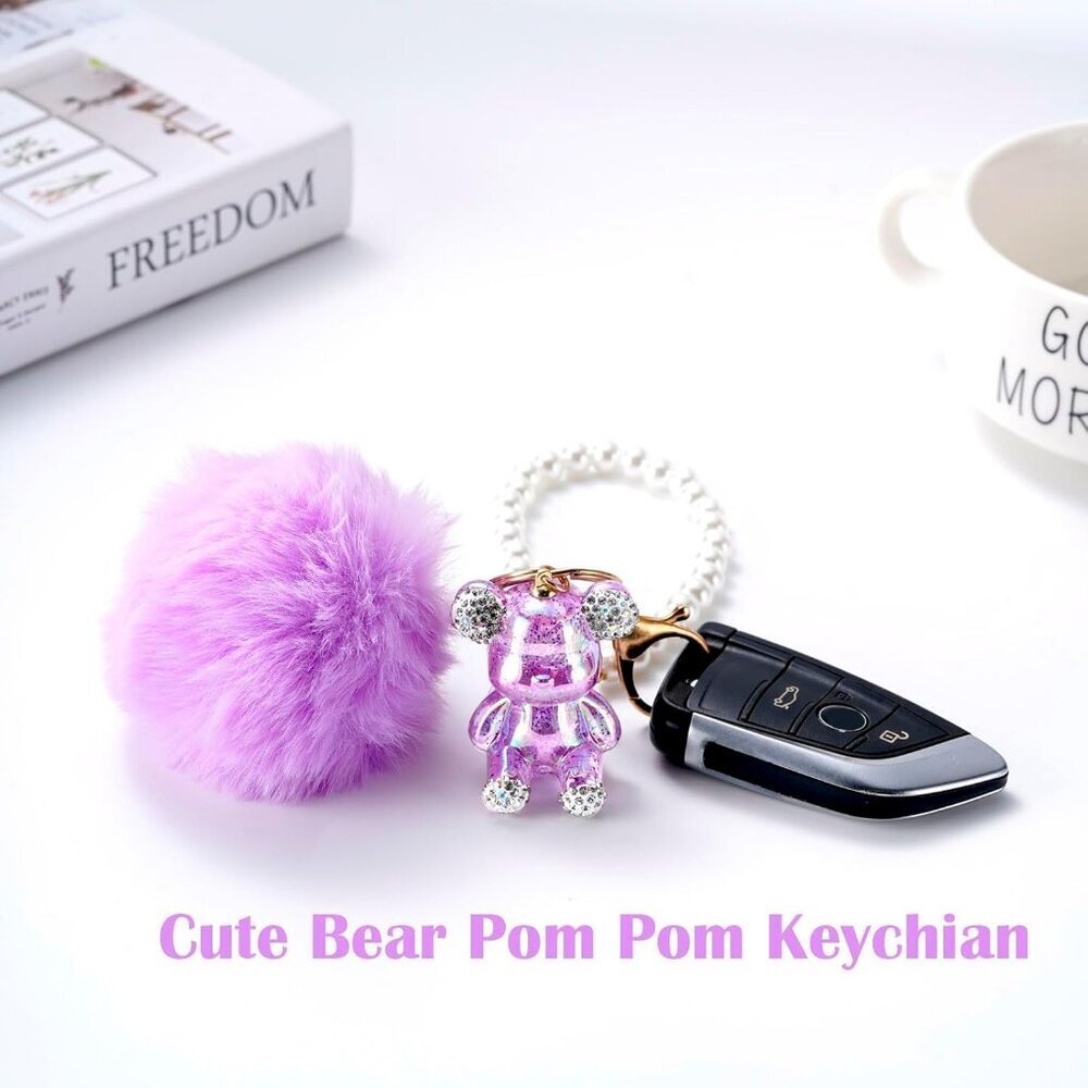 Cute Teddy Bear Keychain Bling Pom Pom Wristlet for Women Gifts - Picture 6 of 7